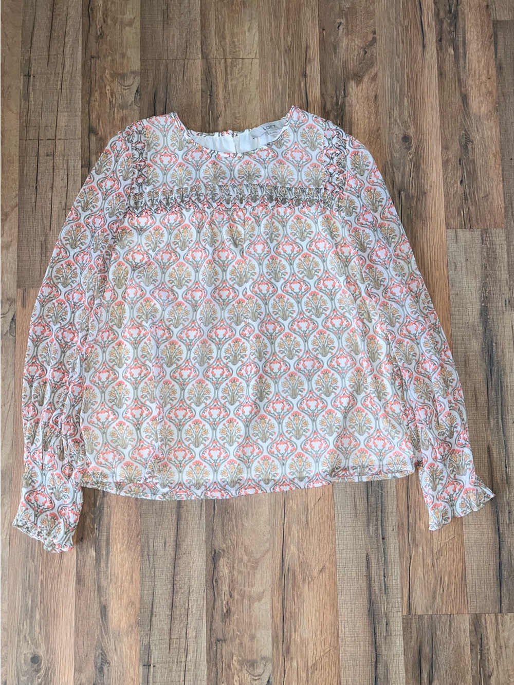 LOFT Pink & Cream Printed Smocked Yoke Blouse